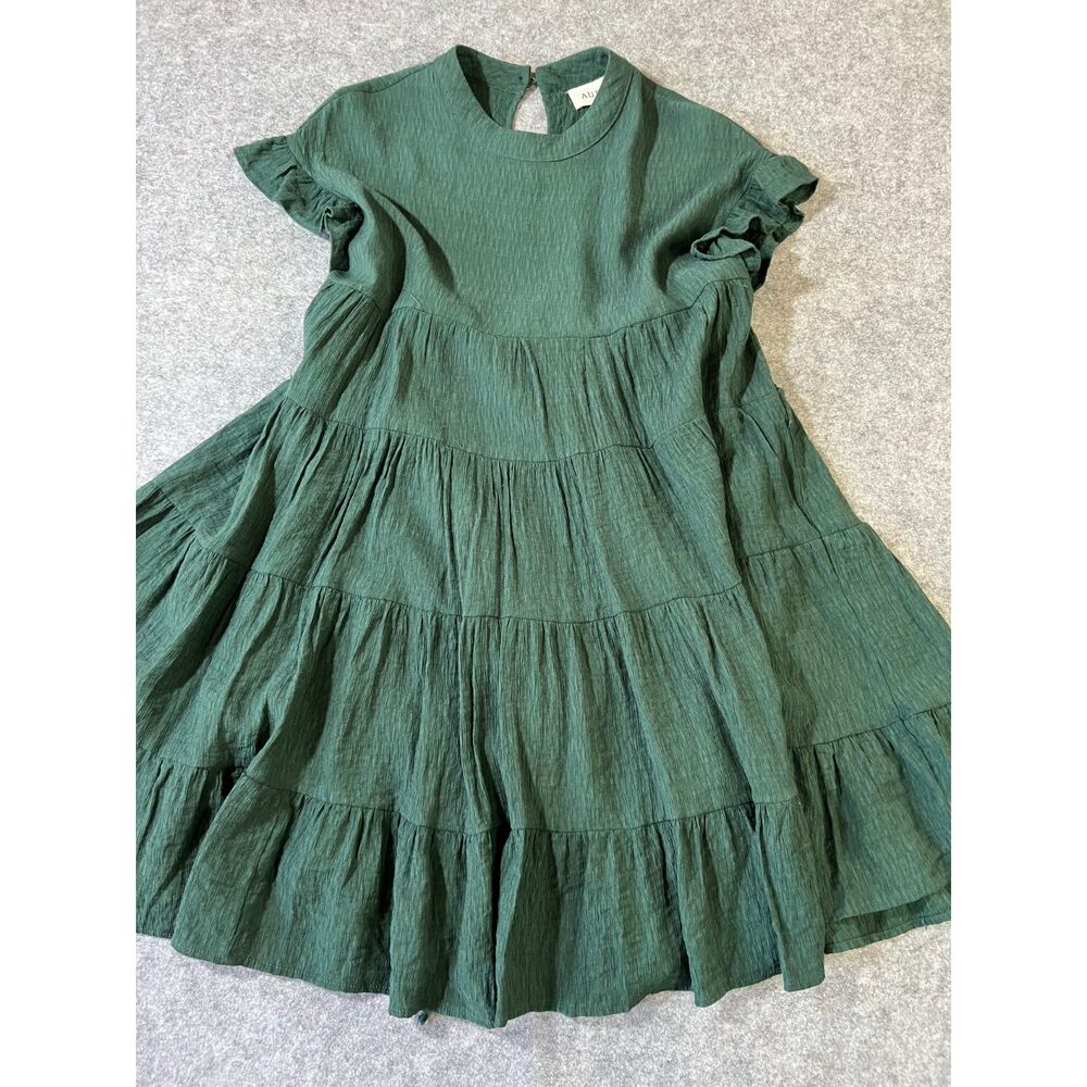 AURA Forest Green Tiered Babydoll Mini Dress Keyhole Back M Prairie Boho